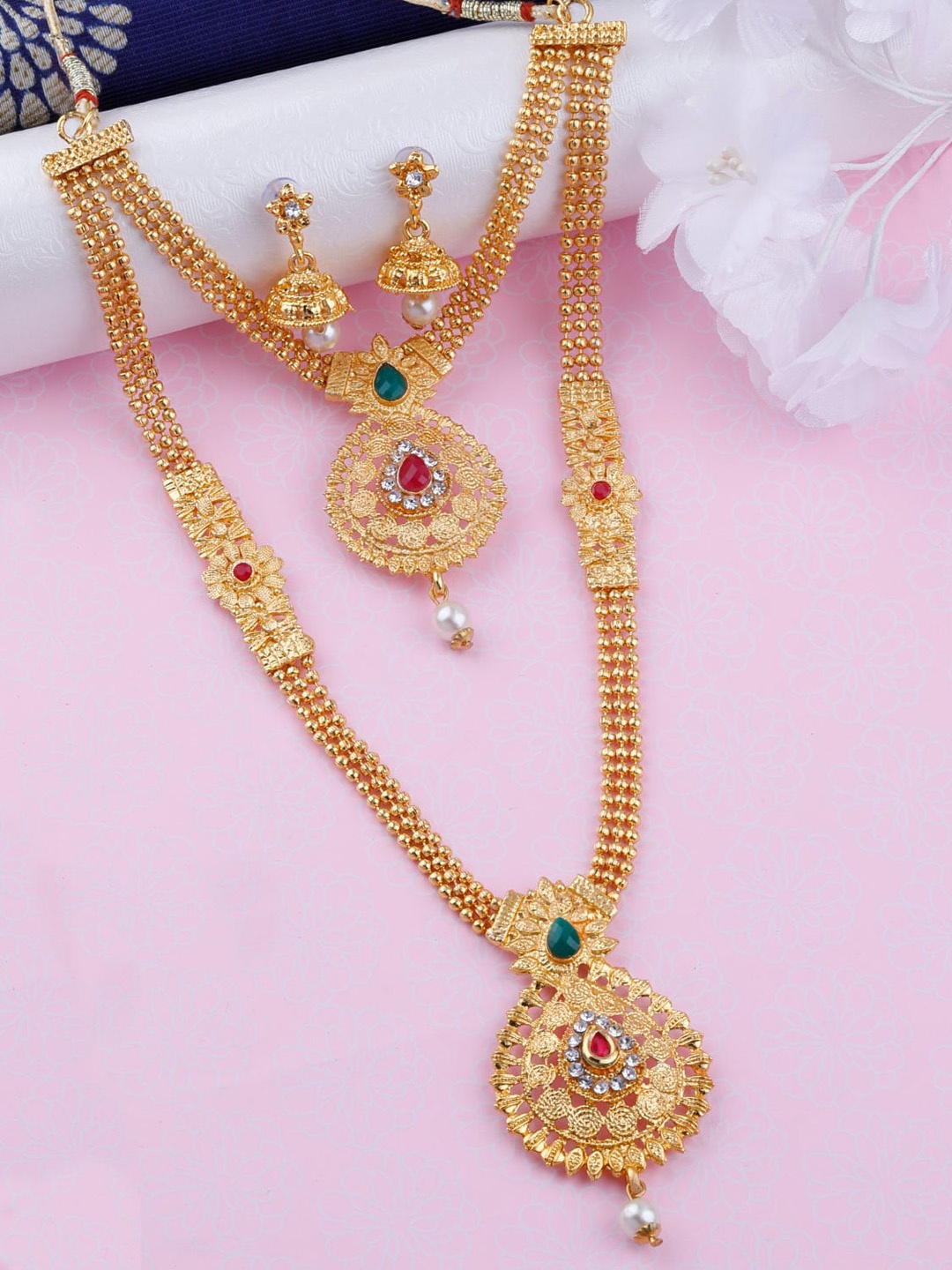 

Silver Shine Gold-Plated AD-Studded & Beaded Jewellery Set