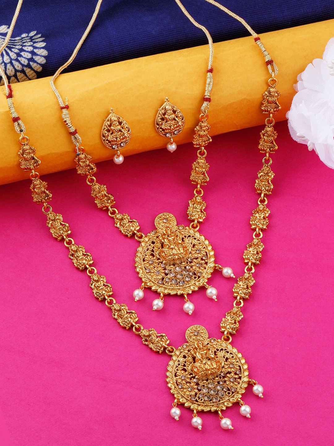 

Silver Shine Gold-Plated AD-Studded & Beaded Layered Jewellery Set