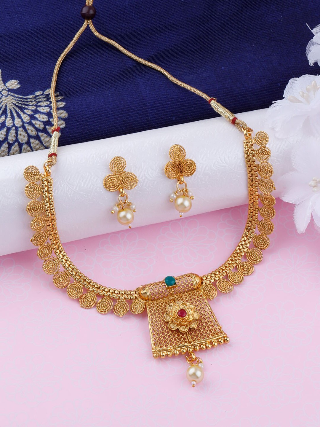 

Silver Shine Gold-Plated AD Studded & Beaded Jewellery Set