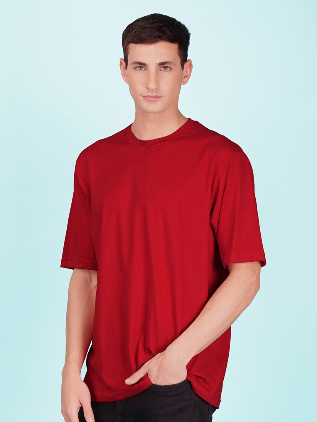 

NUSYL Round Neck Drop-Shoulder Sleeves Oversized T-shirt, Red