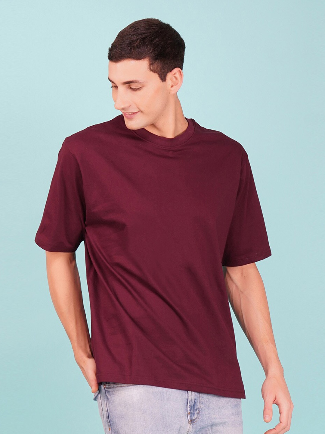 

NUSYL Round Neck Half Sleeve Oversized Cotton T-shirt, Maroon