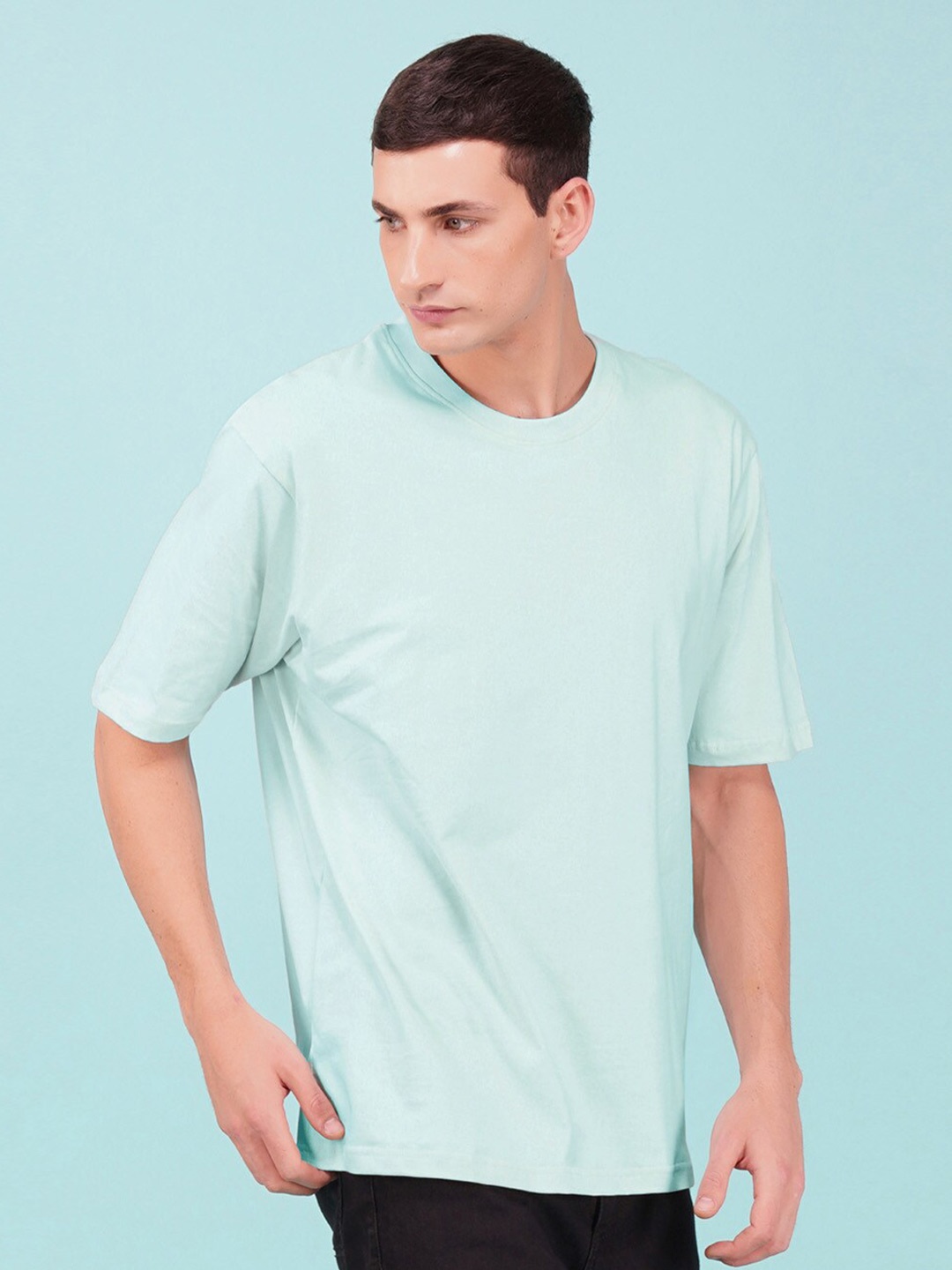 

NUSYL Round Neck Drop-Shoulder Sleeves Oversized T-shirt, Blue