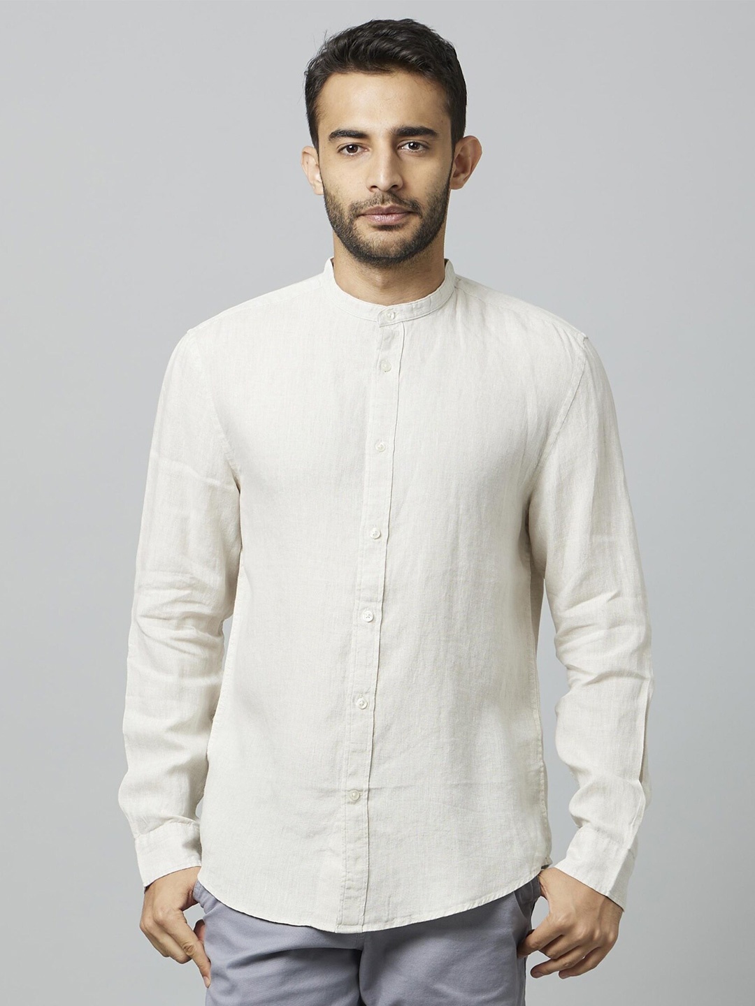 

Celio Classic Mandarin Collar Linen Casual Shirt, Off white