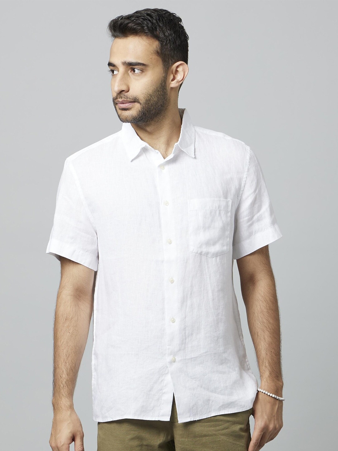 

Celio Classic Spread Collar Short Sleeves Linen Casual Shirt, White