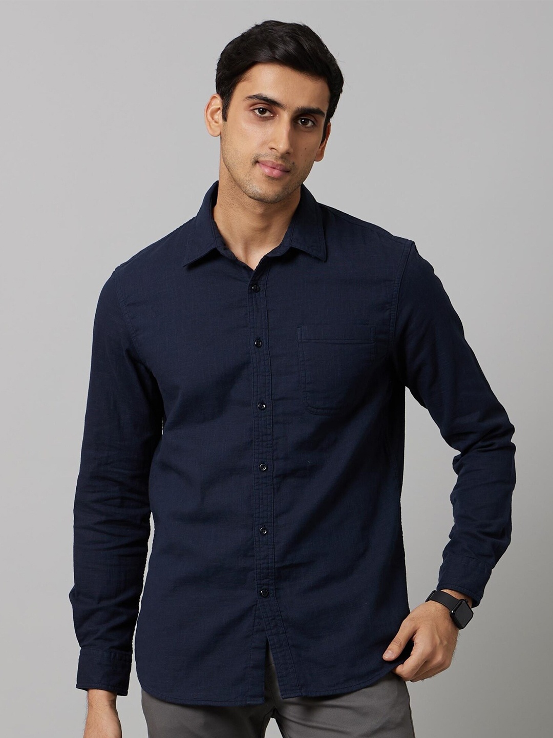 

Celio Classic Spread Collar Breathable Relaxed Cotton Casual Shirt, Navy blue