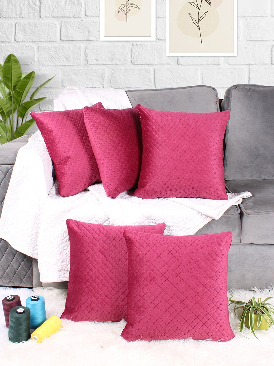 

STITCHNEST Pink 5-Pieces Quilted Velvet Square Cushion Covers