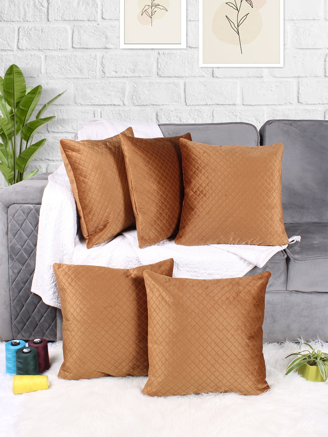 

STITCHNEST Brown 5-Pieces Quilted Velvet Square Cushion Covers