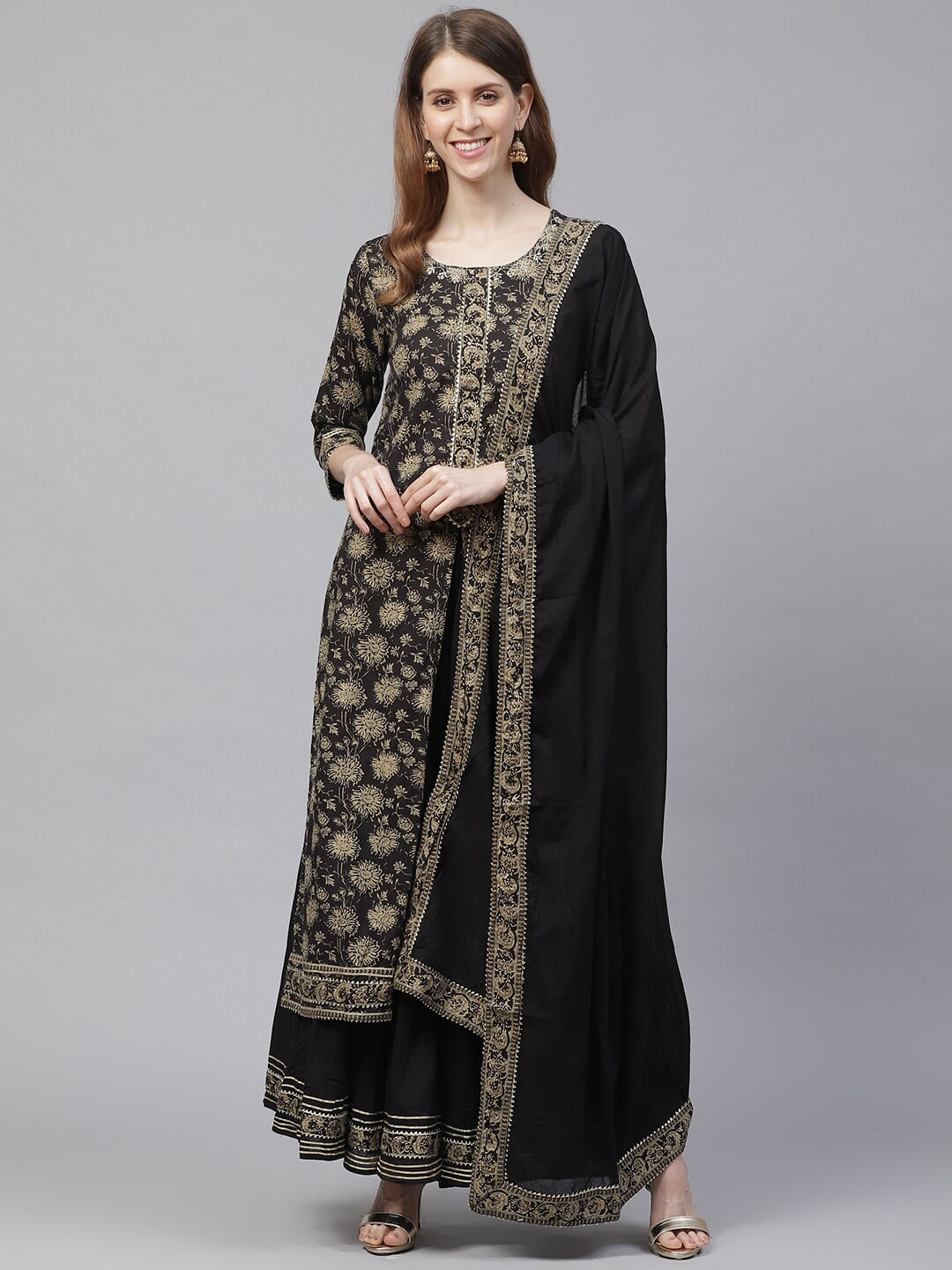 

Ishin Floral Printed Gotta Patti Pure Cotton A-Line Kurta With Palazzos & Dupatta, Black