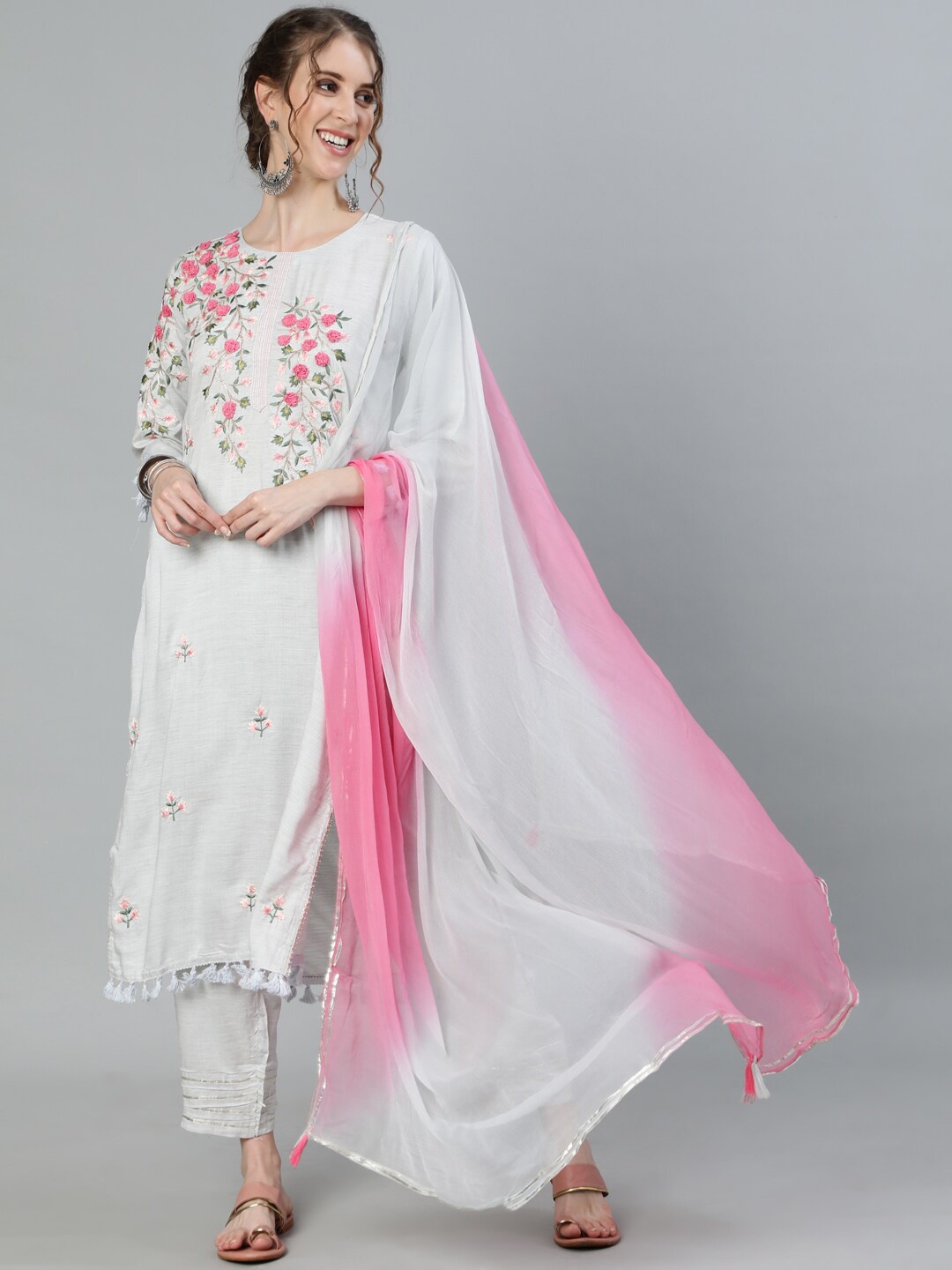 

Ishin Floral Embroidered Gotta Patti Kurta with Trousers & Dupatta, Grey