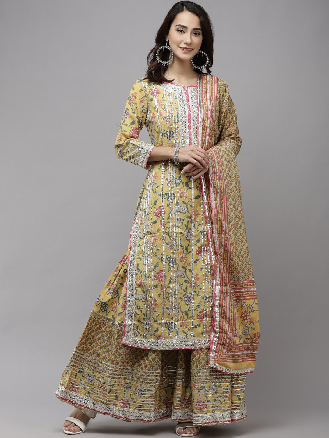 

Ishin Floral Printed Gotta Patti Pure Cotton Kurta with Sharara & Dupatta, Yellow