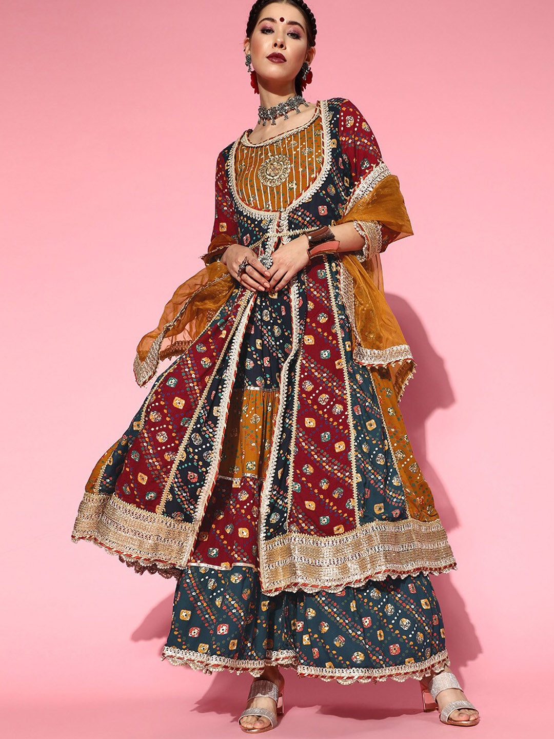 

Ishin Floral Embroidered Zari High Slit Kurta with Sharara & Dupatta, Navy blue