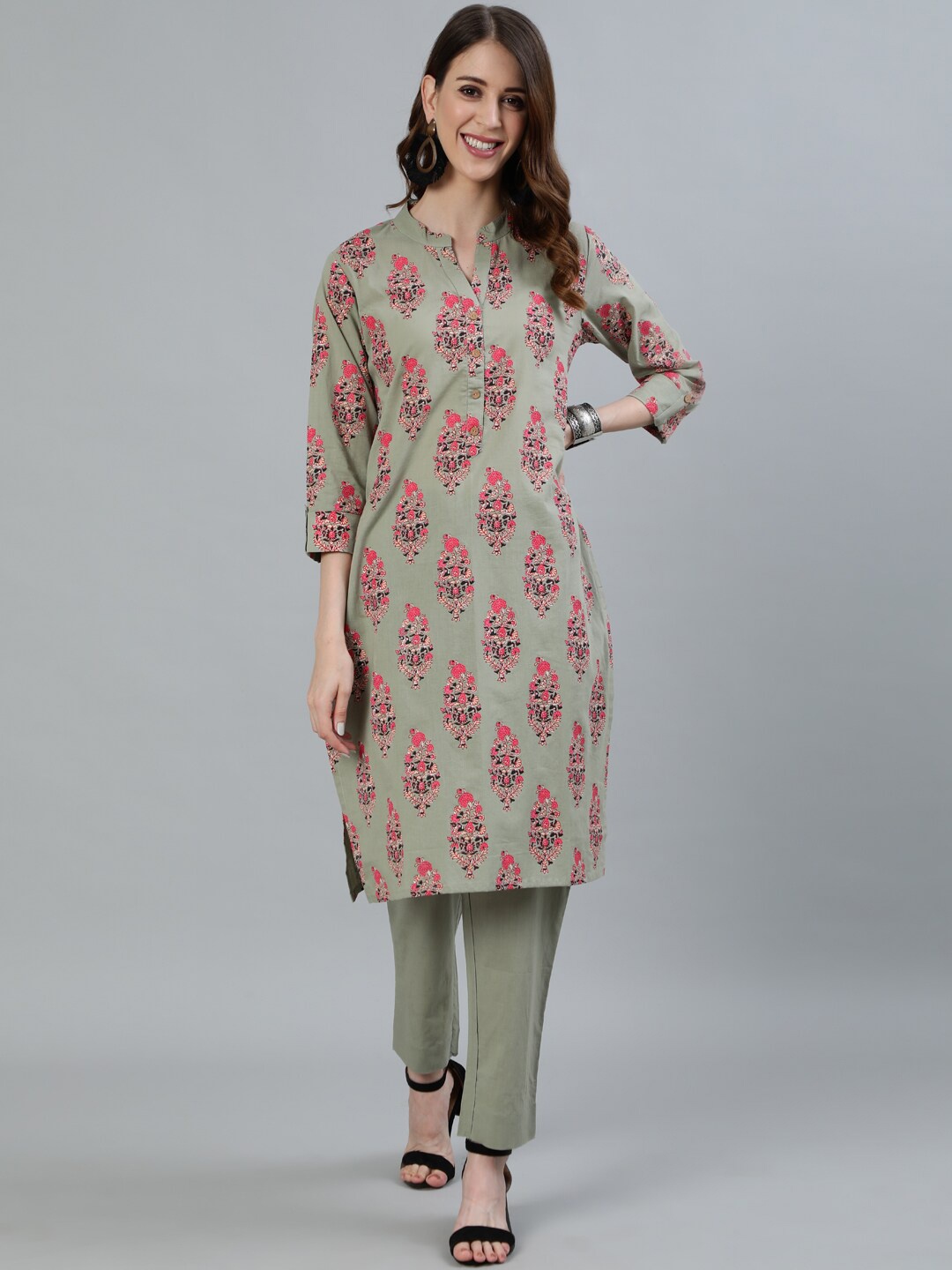 

Ishin Ethnic Motifs Printed Pure Cotton Kurta with Trousers, Green