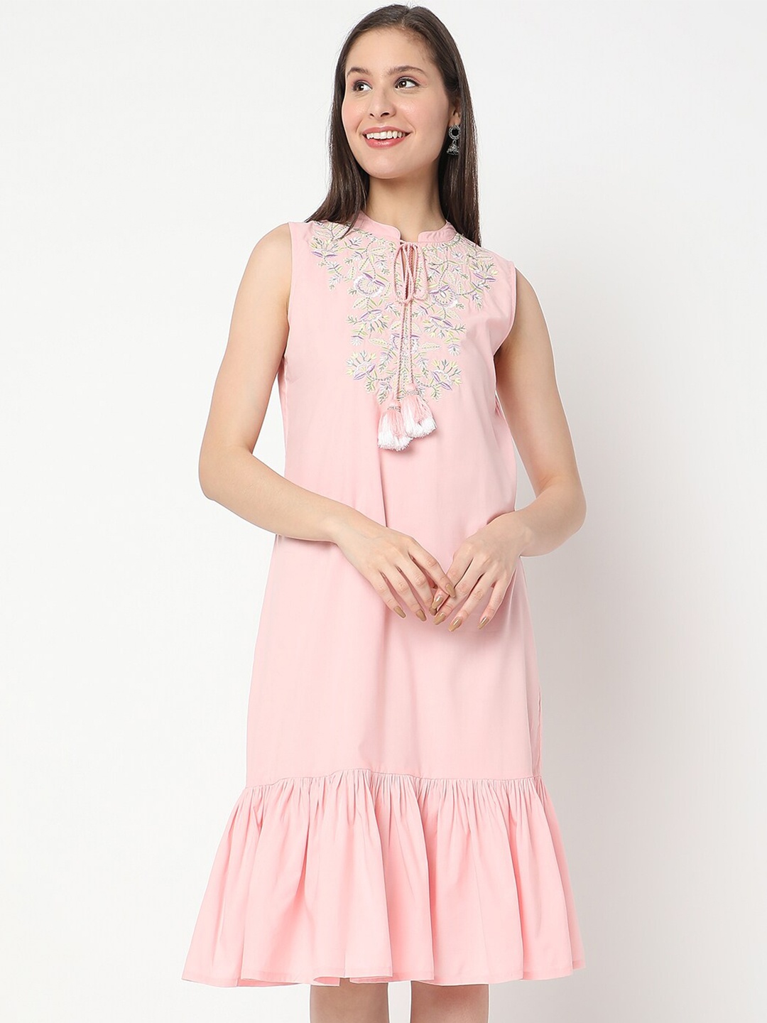 

Ethnicity Tie-Up Neck A-Line Midi Dress, Pink