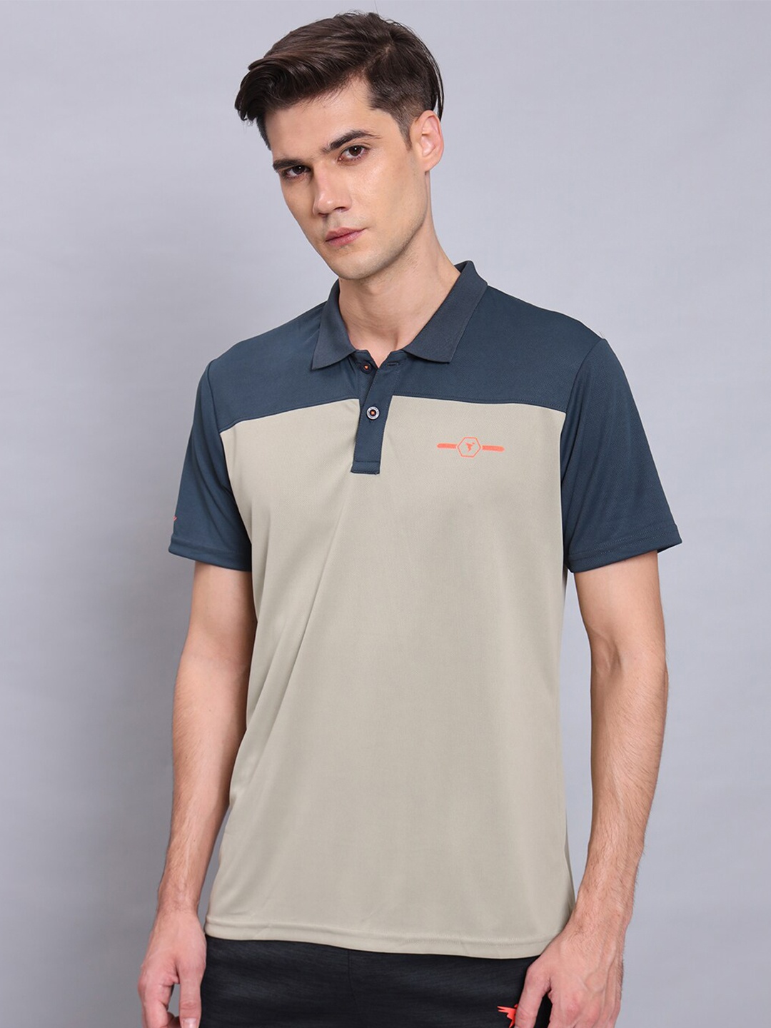 

Technosport Antimicrobial Colourblocked Polo Collar Slim Fit T-shirt, Beige