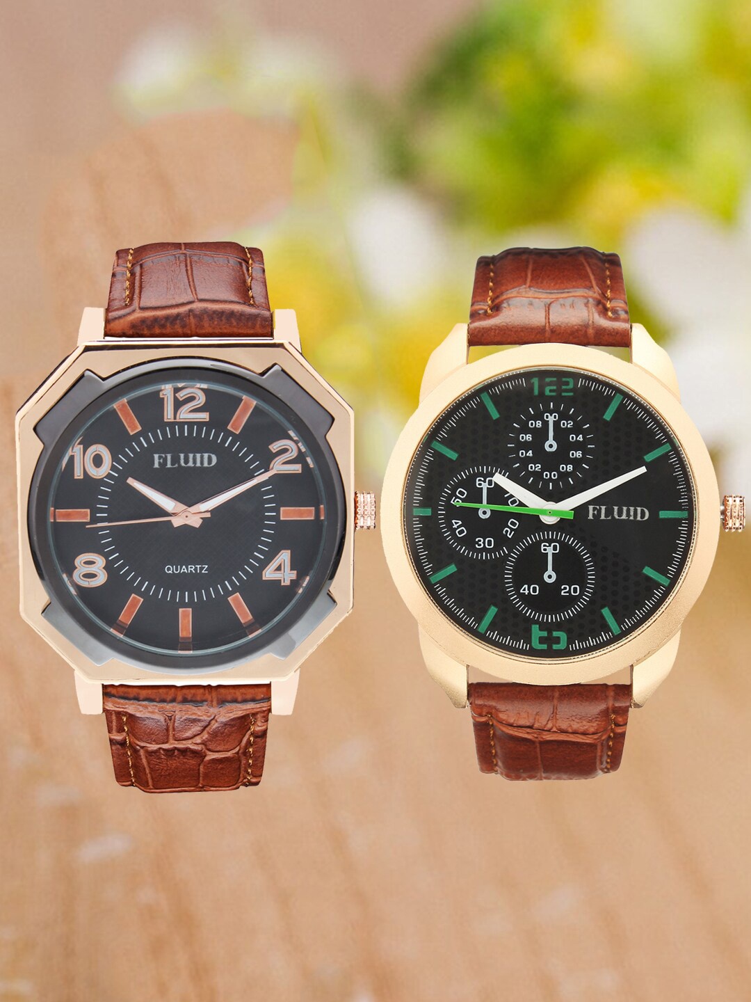 

FLUID Pack Of 2 Men Leather Straps Analogue Watch FL2-911-BK01-910-RG01, Black