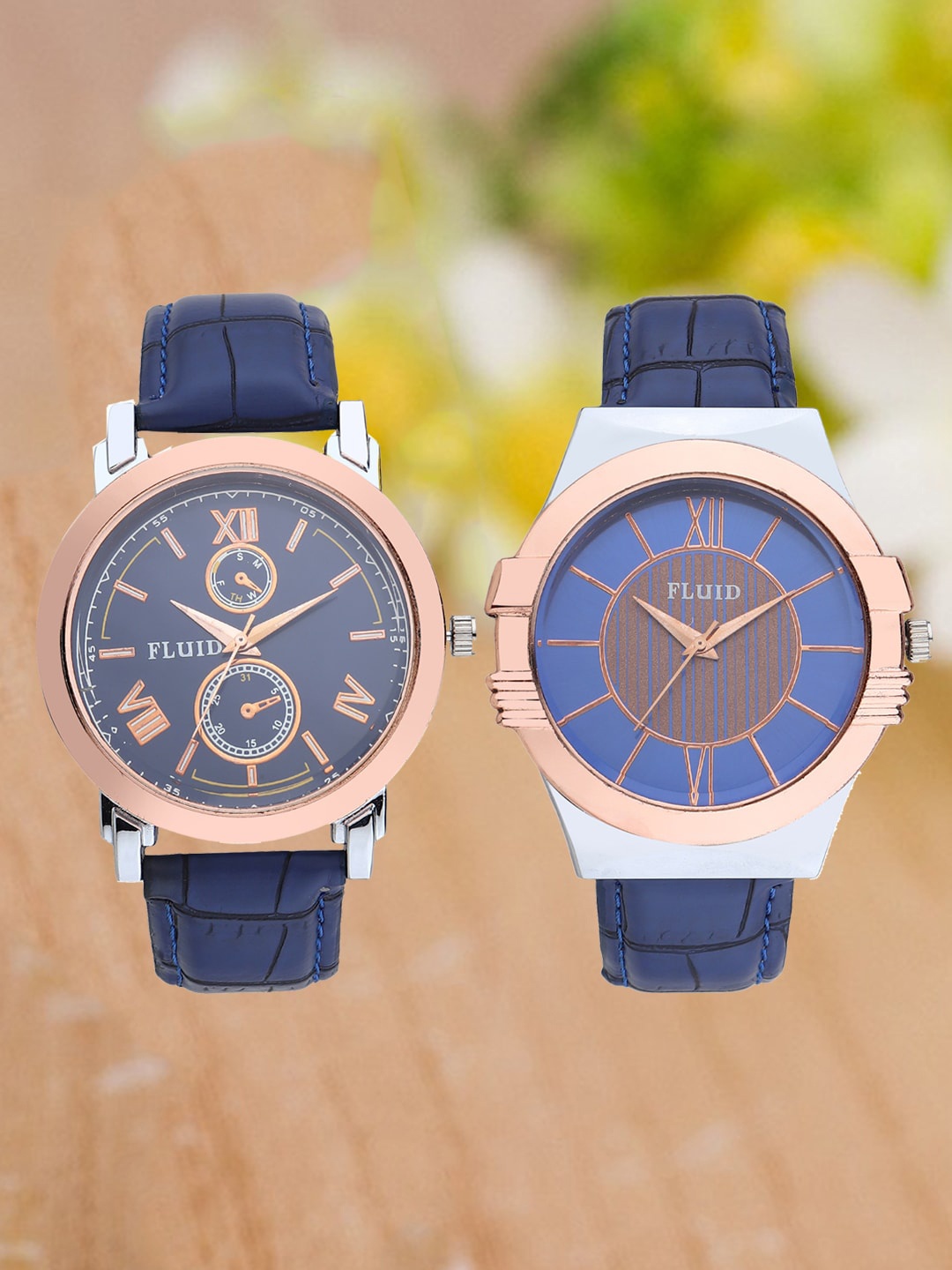 

FLUID Pack Of 2 Men Leather Textured Straps Analogue Watch FL2-020-BL01-021-BL01, Blue