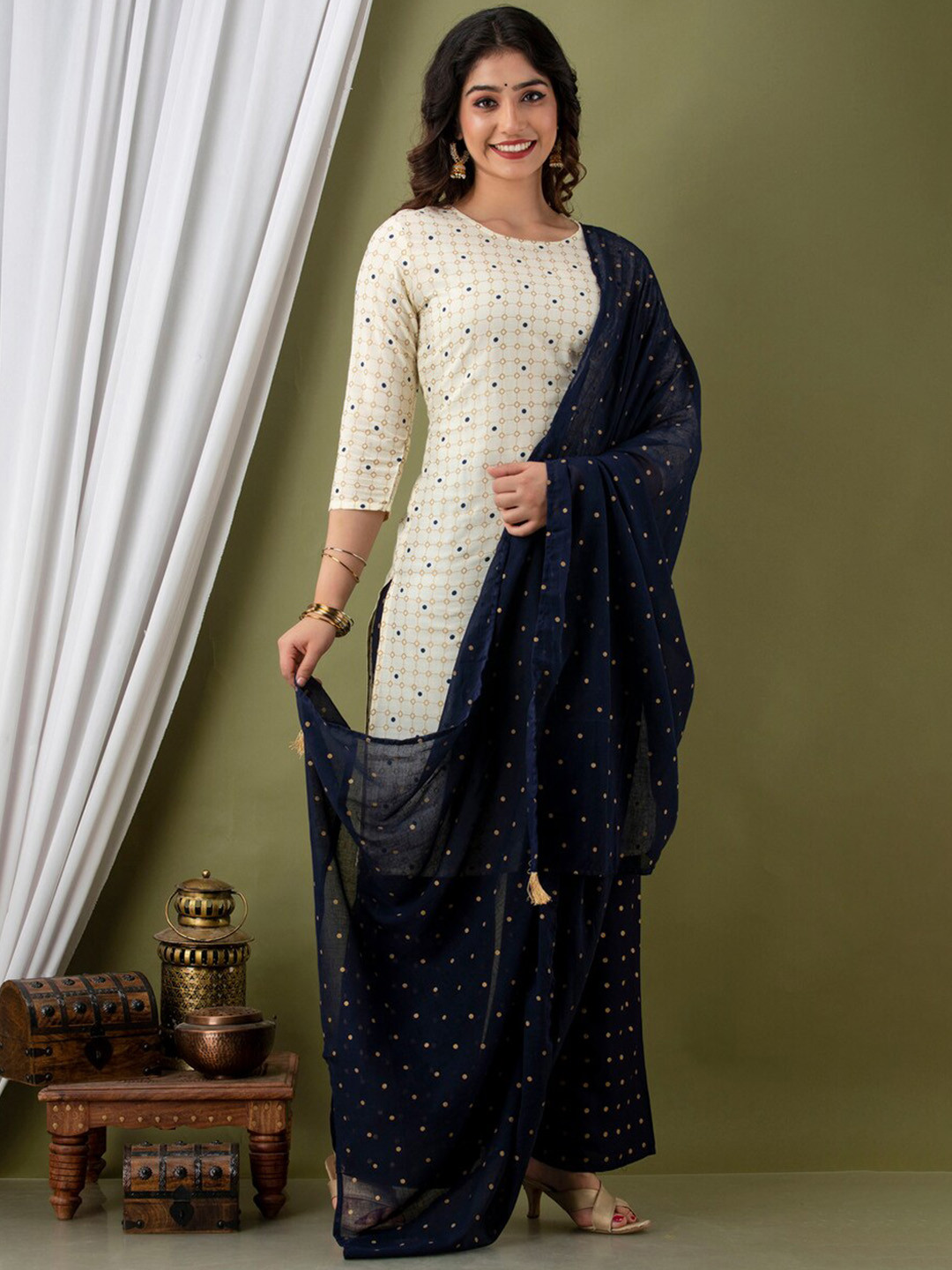 

SURHI Geometric Printed Regular Kurta With Palazzos & Dupatta, Beige