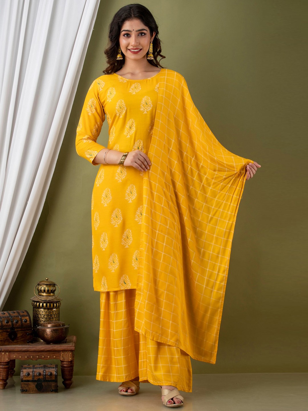 

SURHI Ethnic Motifs Printed Kurta with Sharara & Dupatta, Mustard