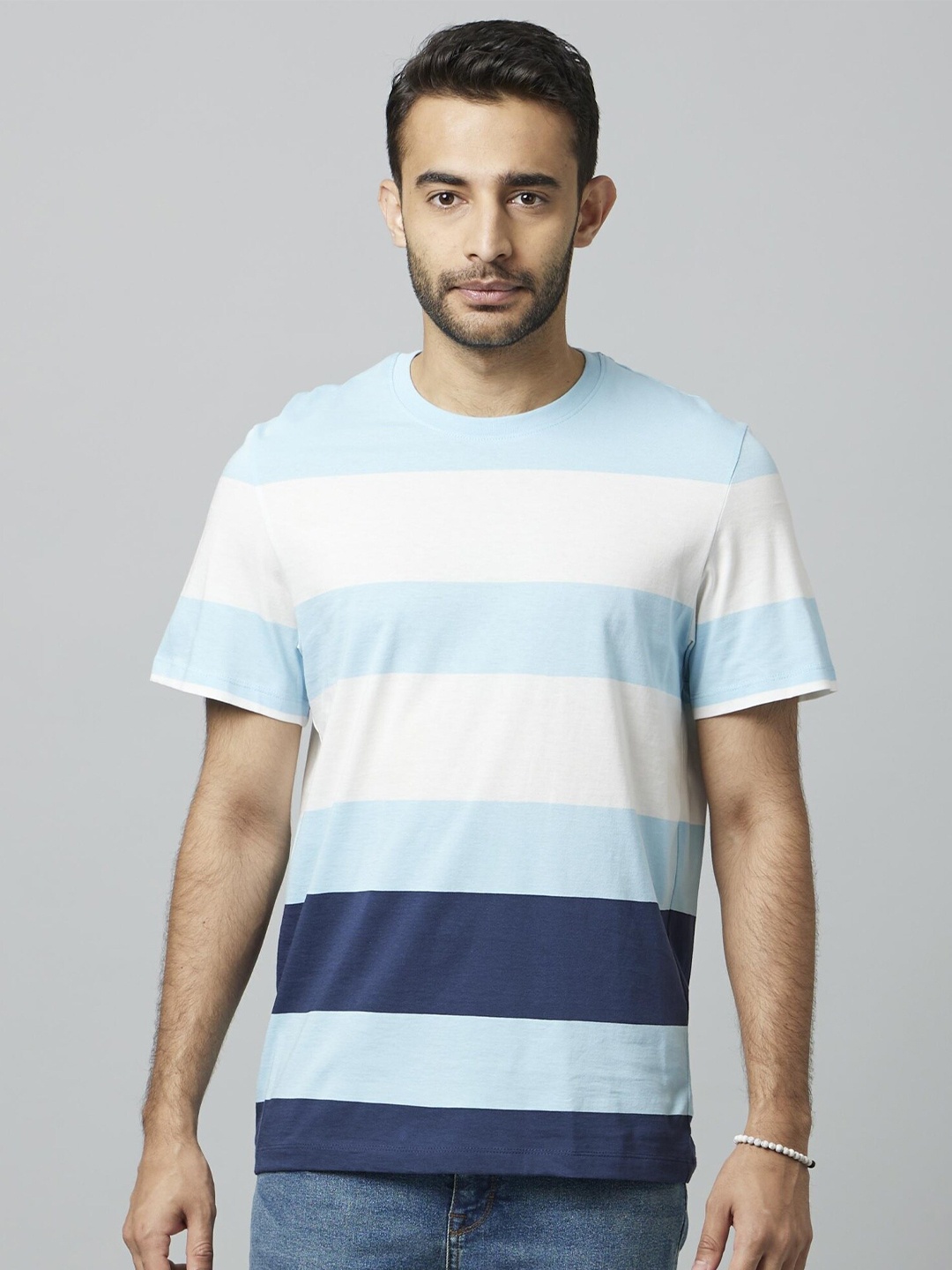 

Celio Multi or Variegated Striped Breathable Cotton T-shirt, Blue
