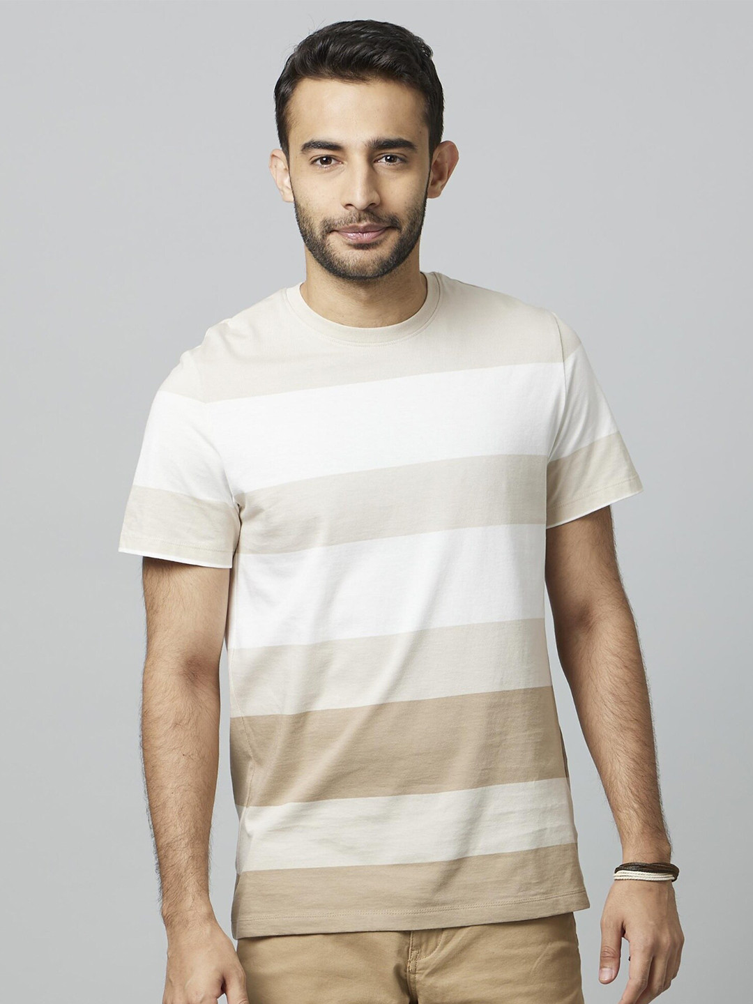 

Celio Striped Round Neck Short Sleeves Cotton T-shirt, Beige