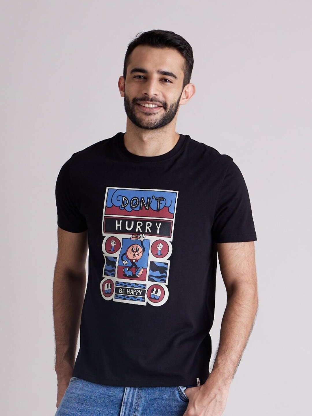 

Celio Graphic Printed Cotton T-shirt, Black