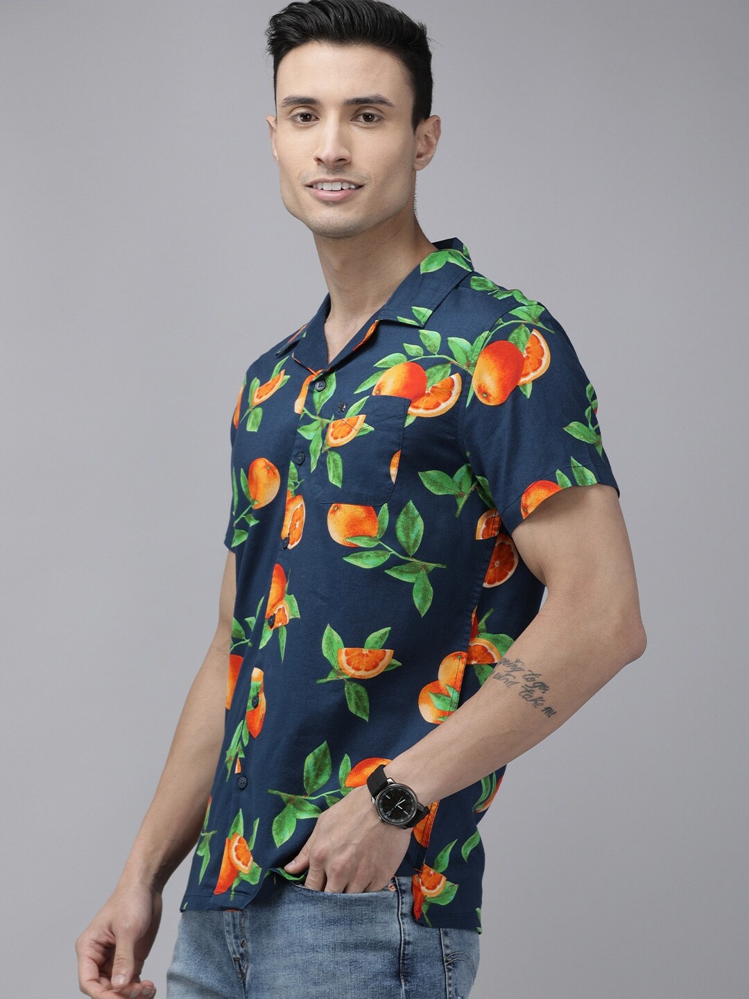 

THE BEAR HOUSE Graphic Printed Cuban Collar Slim Fit Casual Shirt, Navy blue