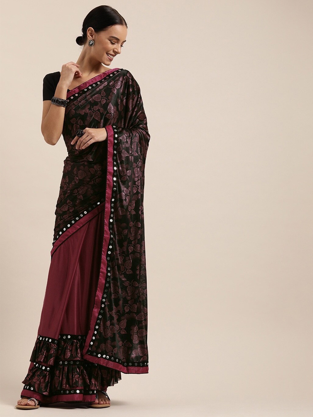 

Ishin Sequinned Embellished Ruffled Saree, Burgundy