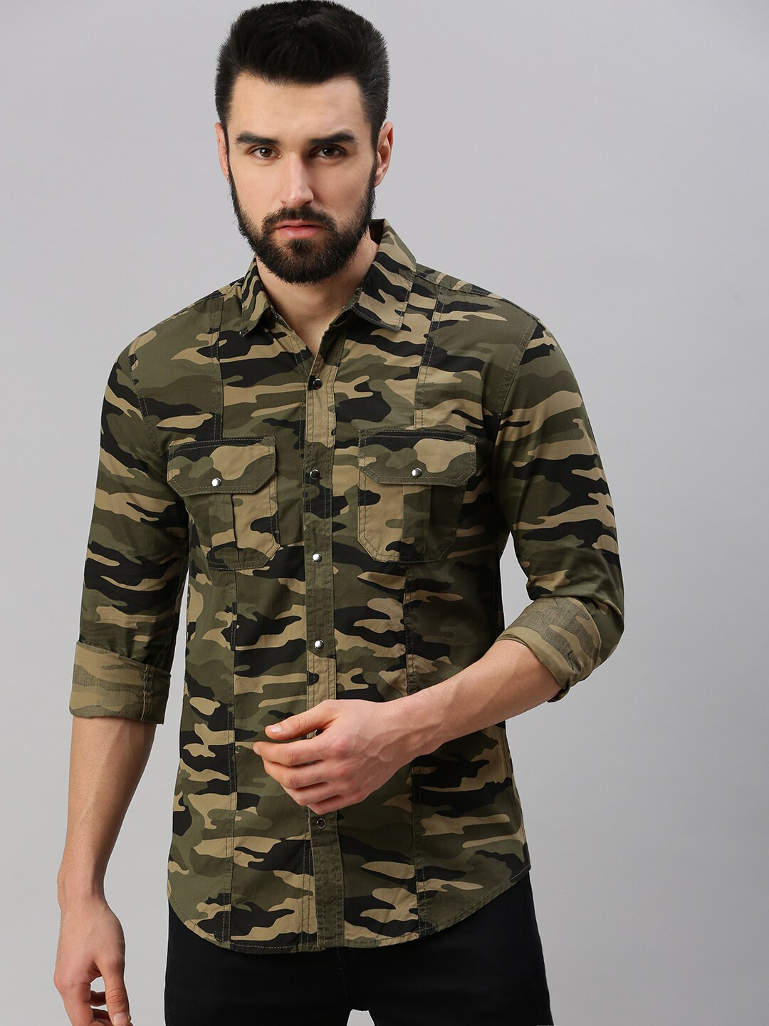 

PEPPYZONE Camouflage Printed Spread Collar Standard Cotton Casual Shirt, Olive