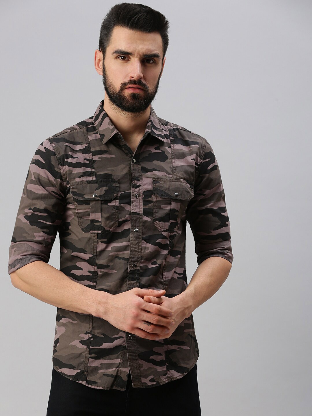 

PEPPYZONE Standard Camouflage Printed Cotton Casual Shirt, Brown