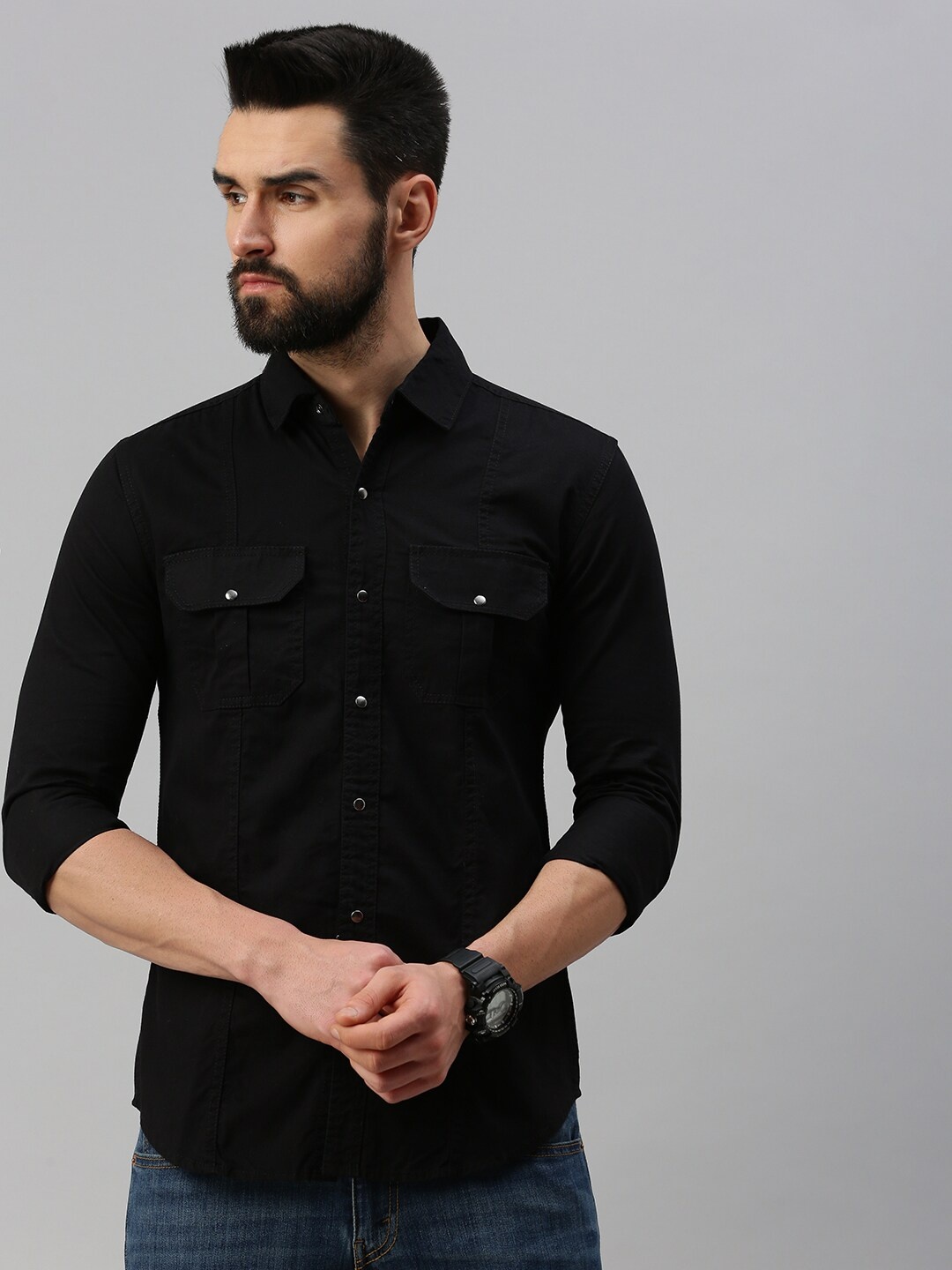 

PEPPYZONE Standard Spread Collar Cotton Casual Shirt, Black