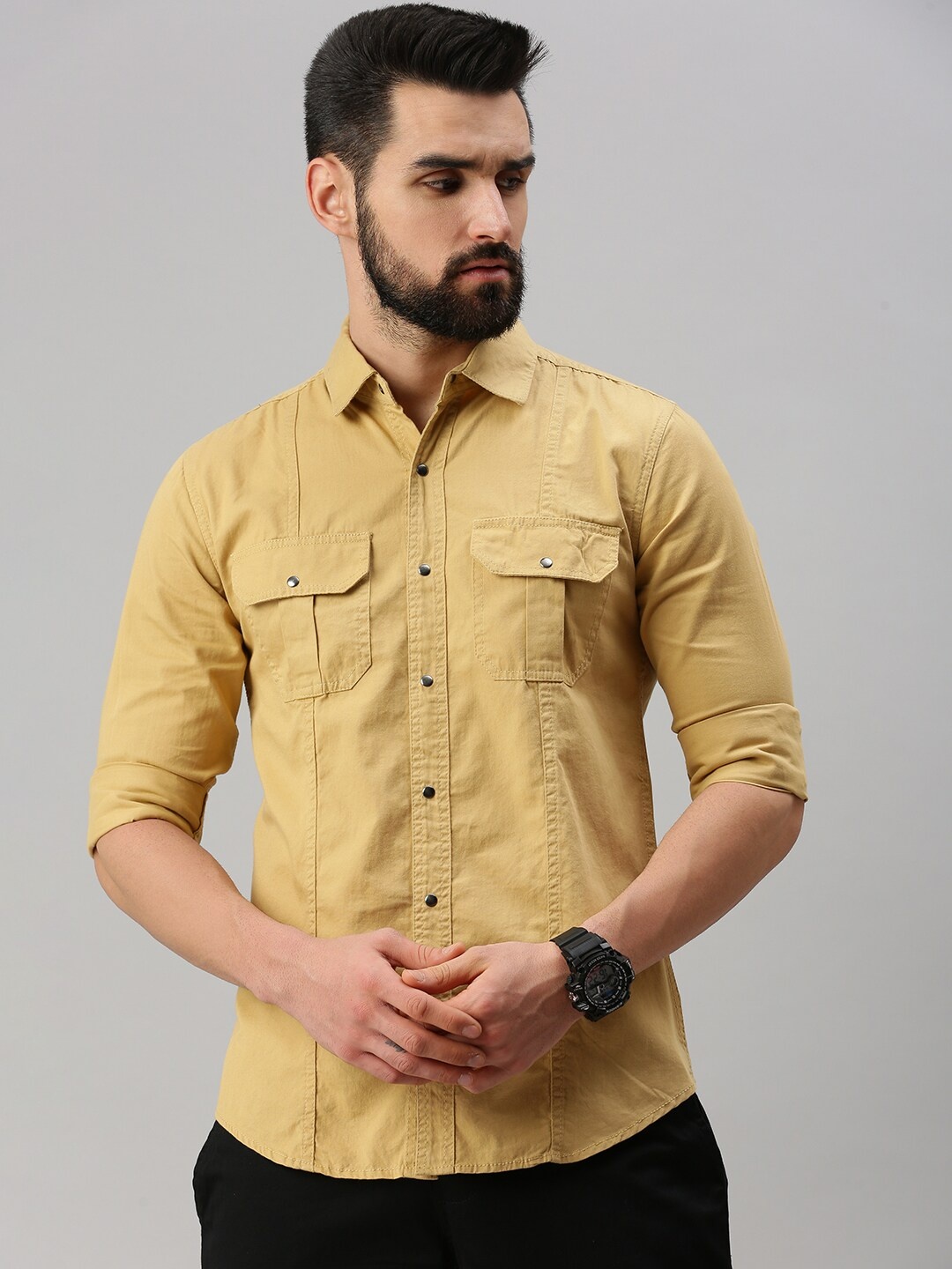 

PEPPYZONE Spread Collar Long Sleeves Standard Cotton Casual Shirt, Khaki