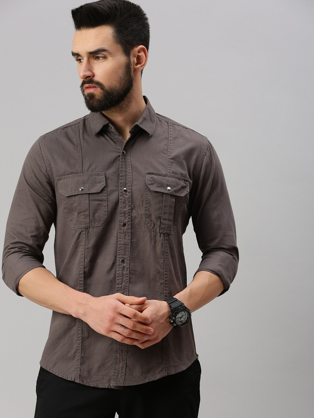 

PEPPYZONE Spread Collar Long Sleeves Standard Cotton Casual Shirt, Brown