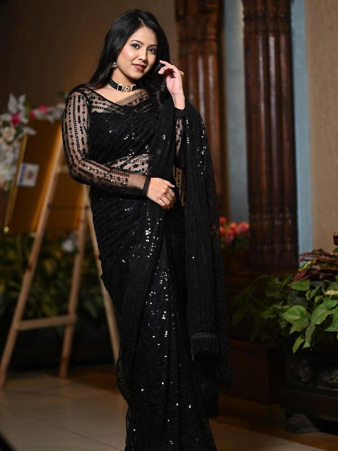 

Mitera Sequinned Embellished Net Saree, Black