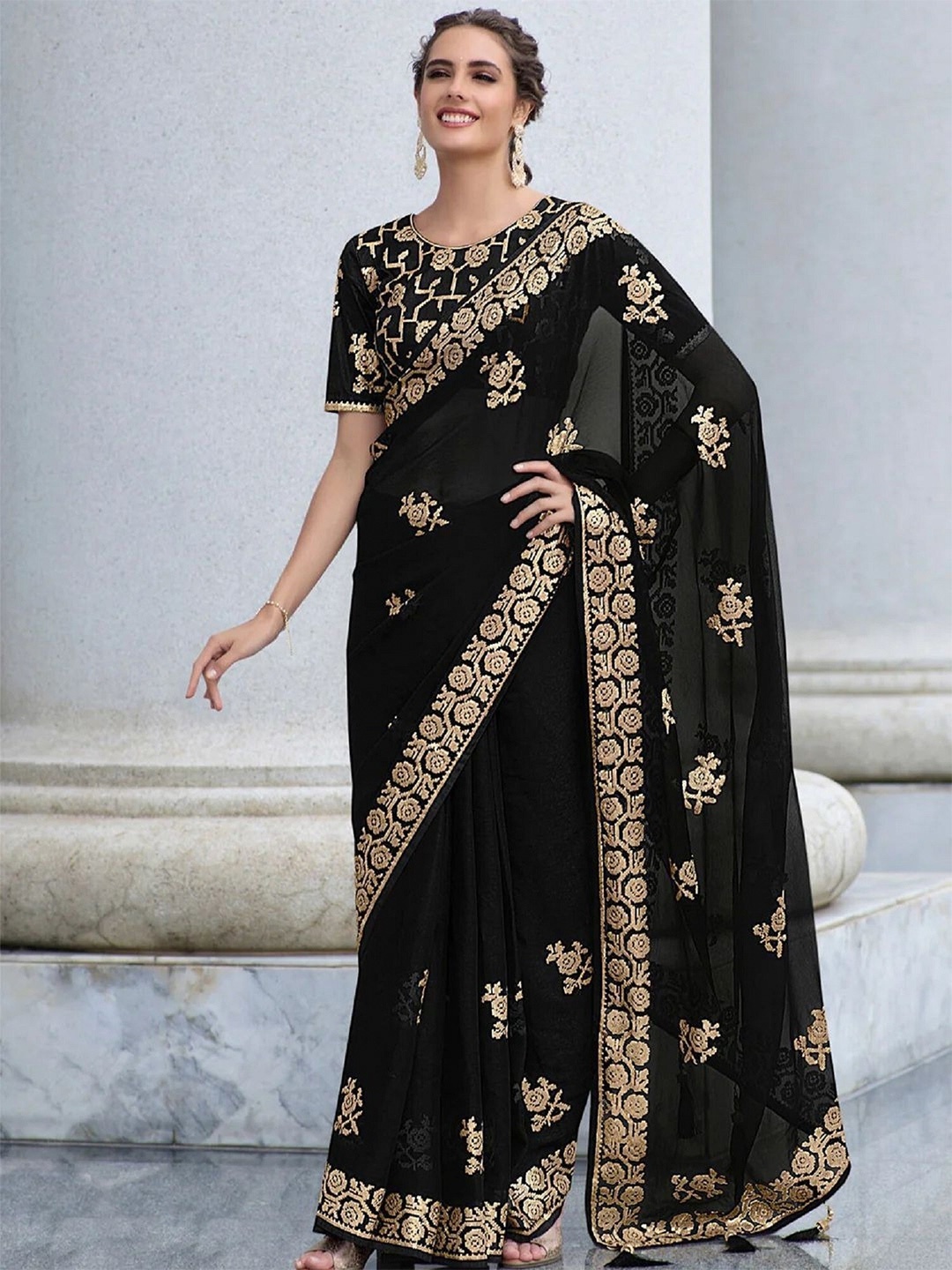 

Mitera Ethnic Motifs Embroidered Saree, Black