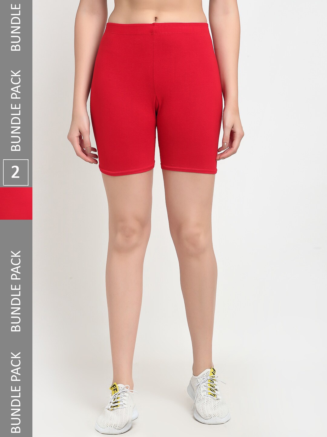 

Jinfo Women Pack Of 2 Mid-Rise Super Commed Lycra Cycling Sports Shorts, Red