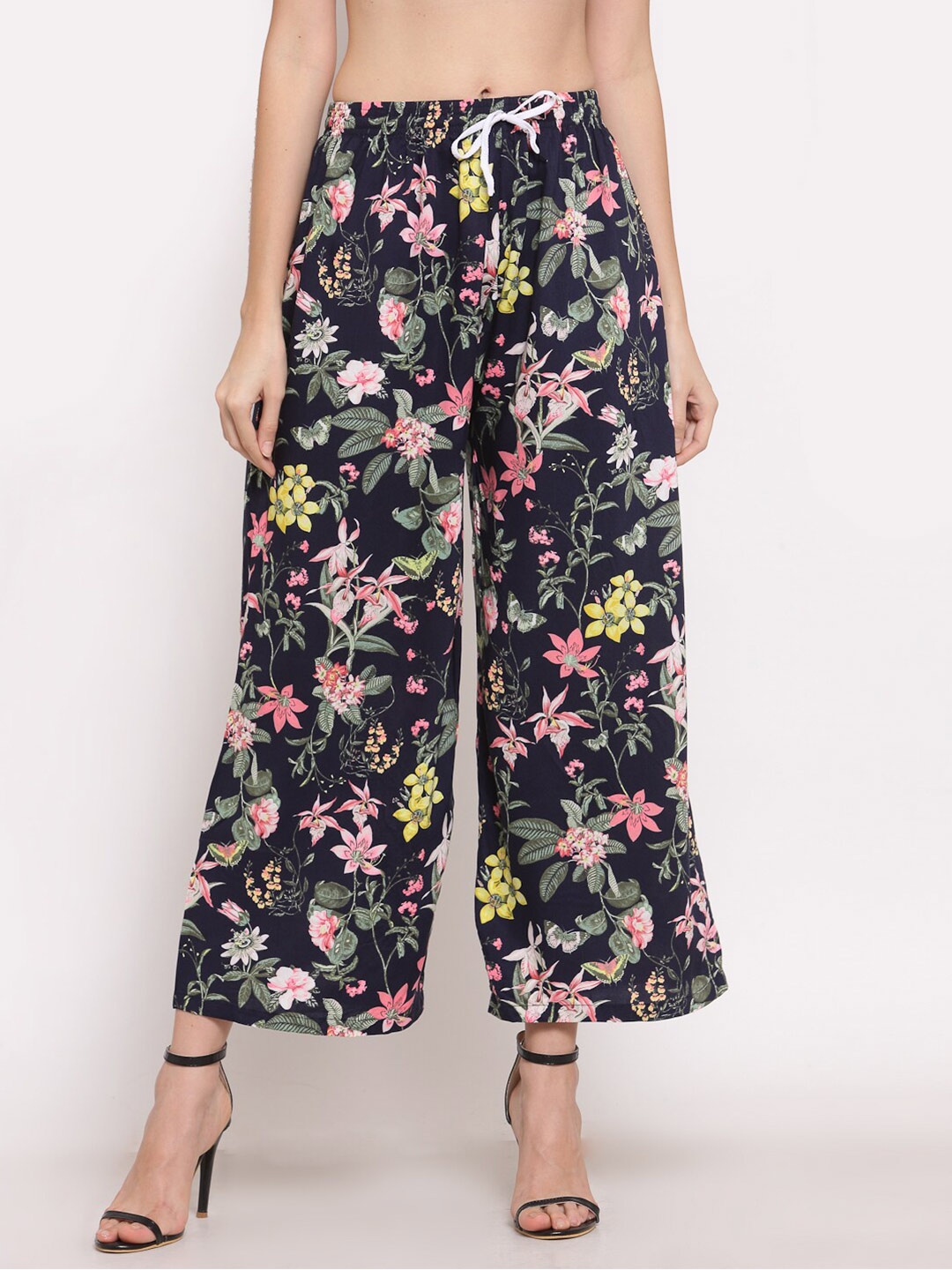 

KLOTTHE Women Floral Printed Wide Leg Palazzo, Navy blue