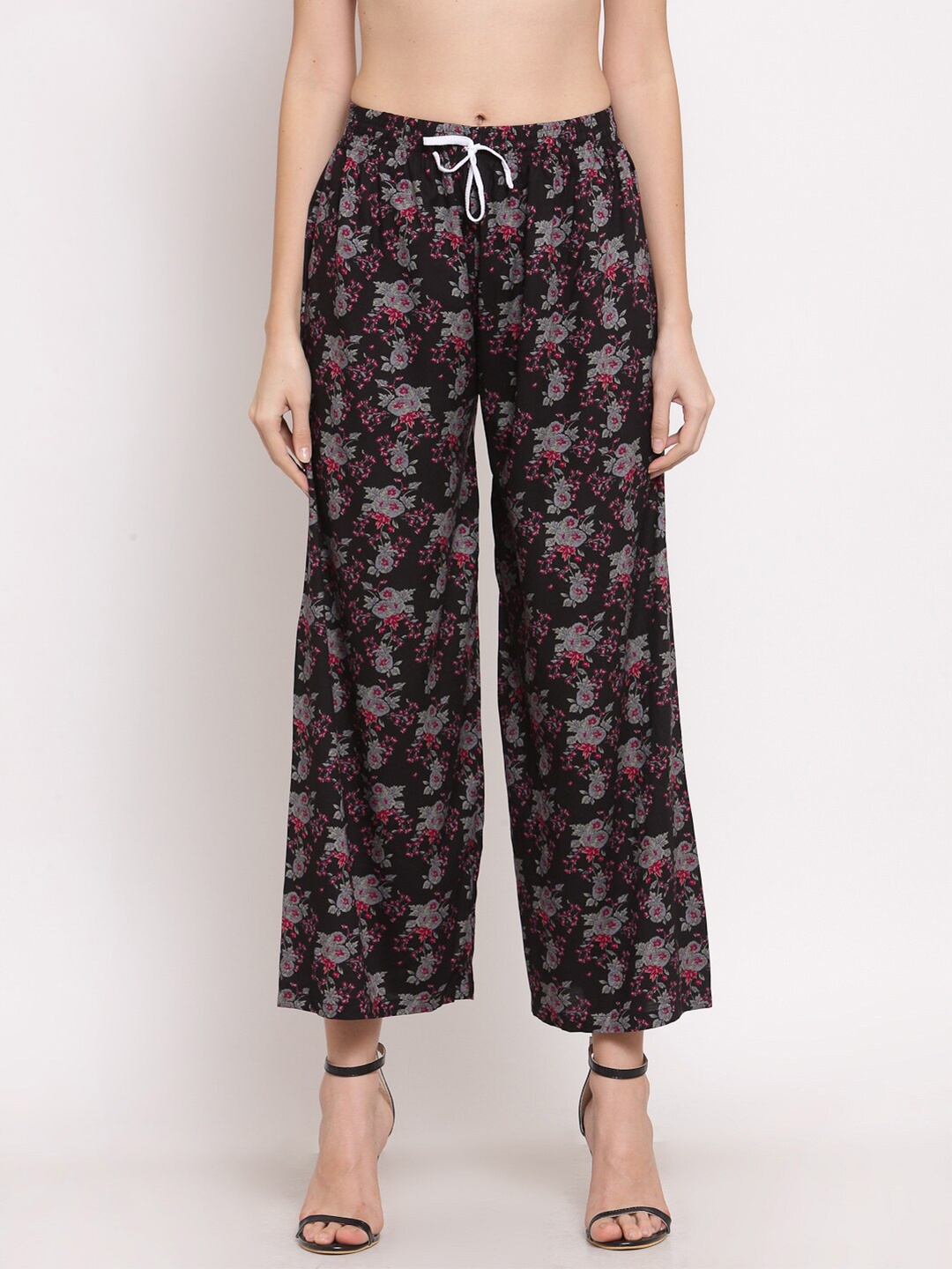 

KLOTTHE Women Floral Printed Wide Leg Palazzo, Black