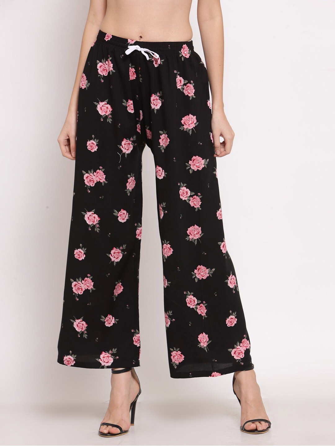 

KLOTTHE Women Floral Printed Wide Leg-Fit Palazzo, Black