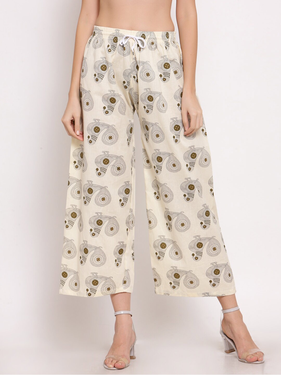 

KLOTTHE Women Ethnic Motifs Printed Wide Leg-Fit Palazzo, Off white