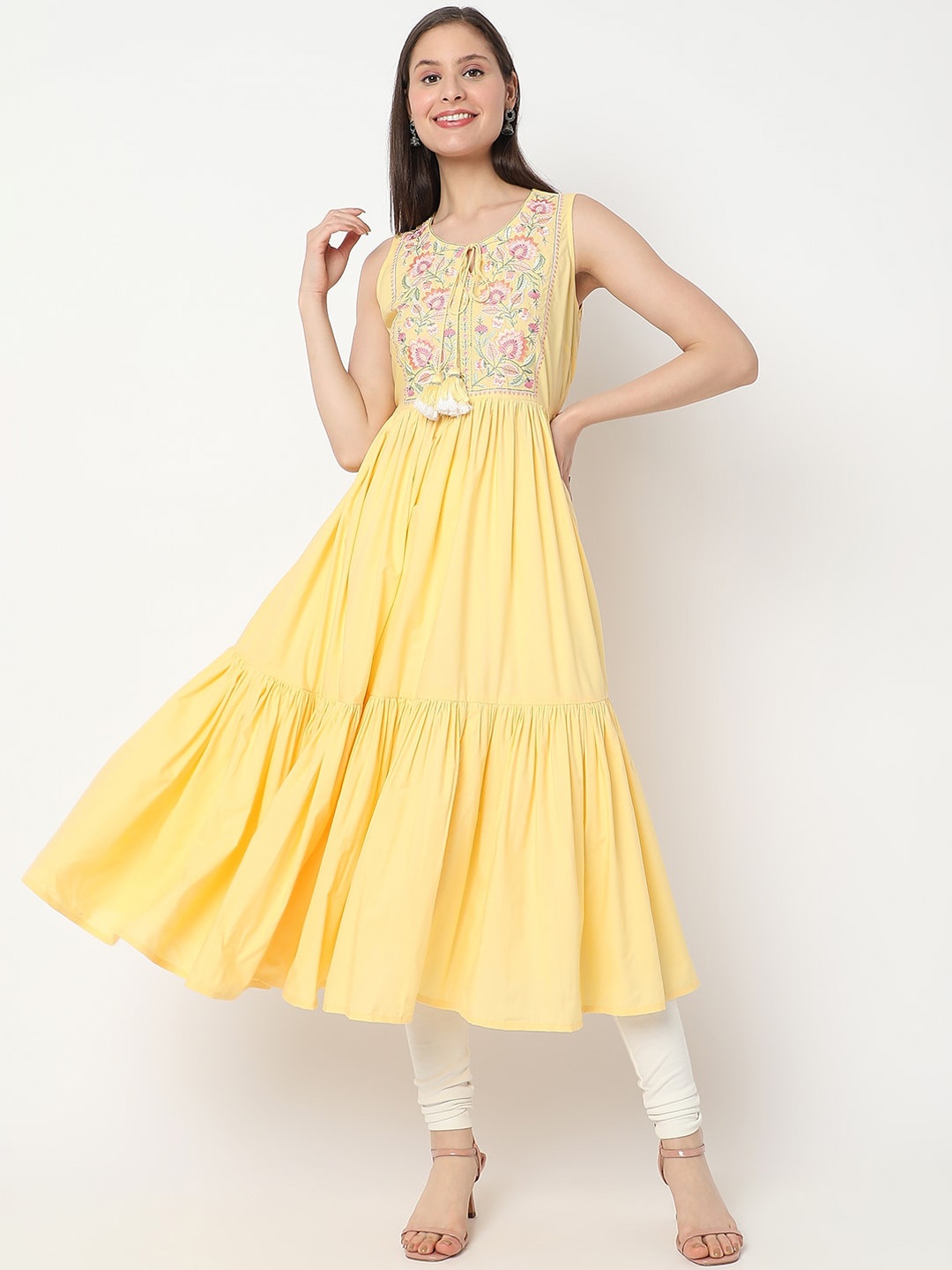 

Ethnicity Floral Yoke Design Thread Work Tie-Up Neck Tiered Anarkali Kurta, Yellow