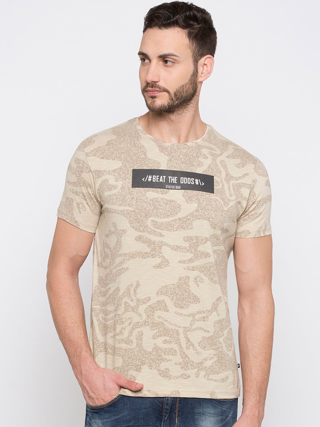 

Status Quo Abstract Round Neck Pure Cotton T-shirt, Beige