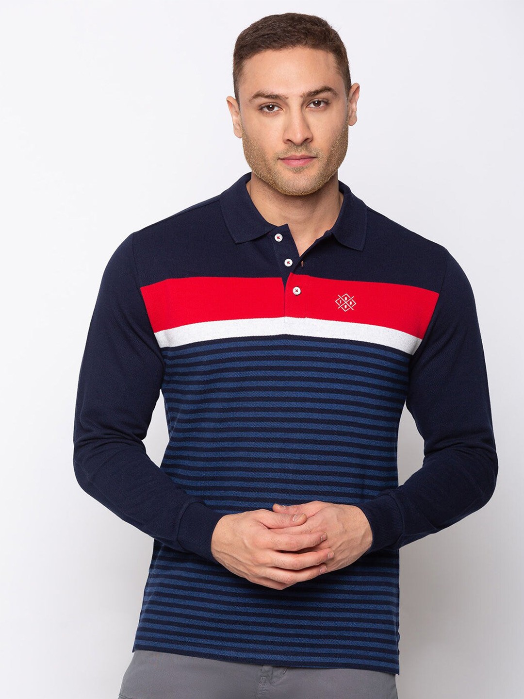 

Status Quo Striped Polo Collar Long Sleeve Cotton T-shirt, Navy blue