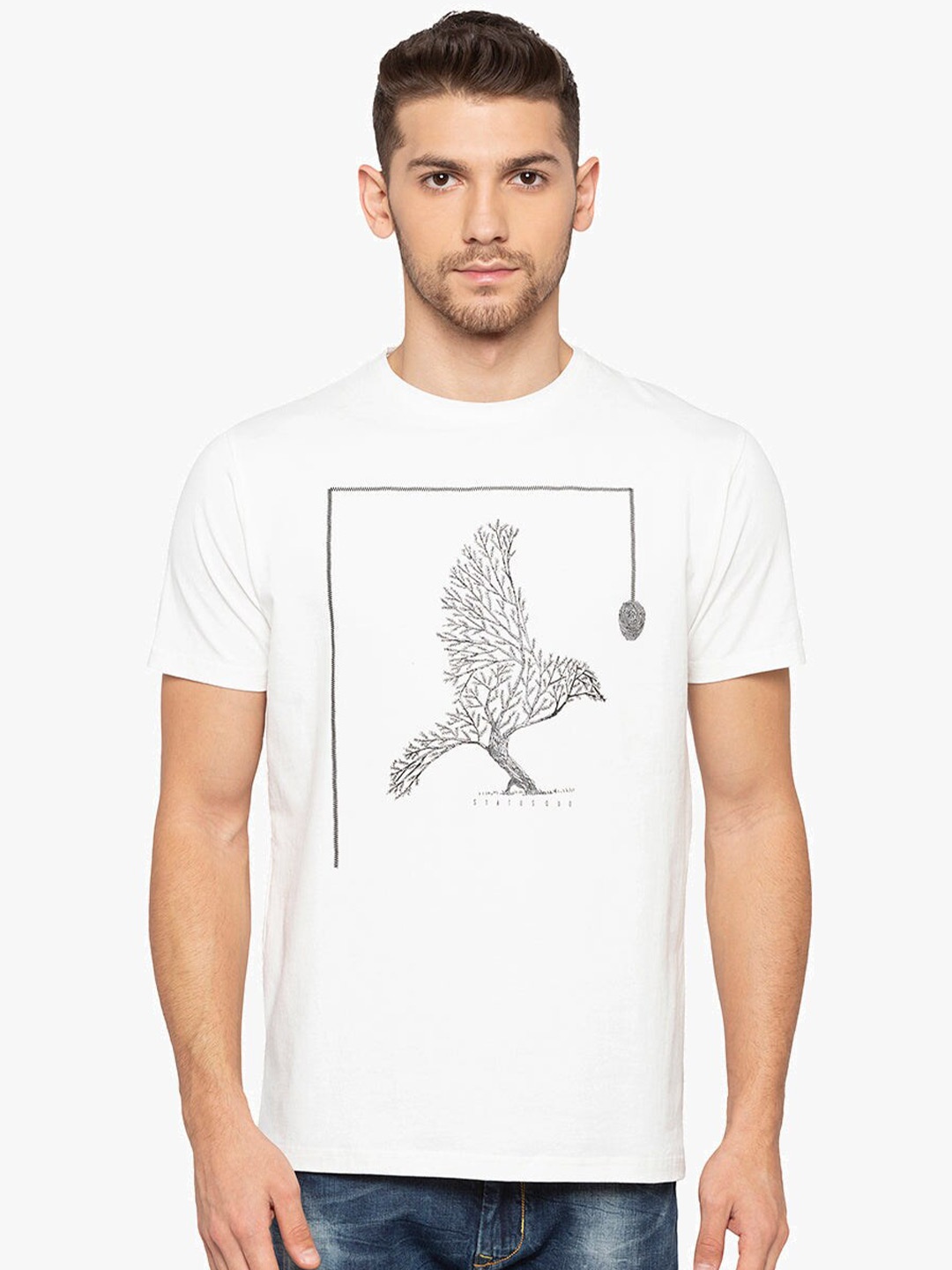 

Status Quo Graphic Printed Round Neck Cotton T-shirt, White