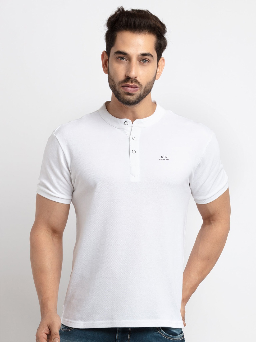 

Status Quo Henley Neck Half Sleeve Cotton T-shirt, White