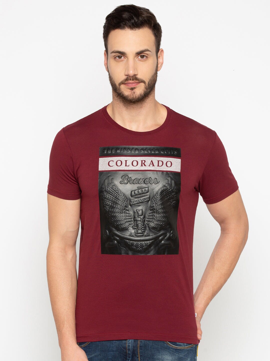 

Status Quo Graphic Printed Round Neck Cotton T-shirt, Maroon