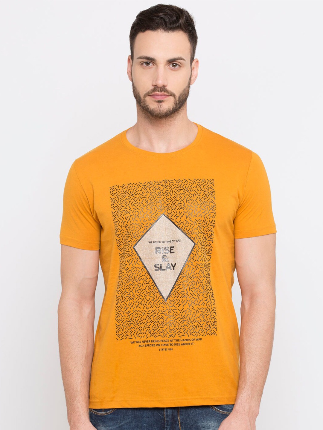 

Status Quo Typography Printed Round Neck T-shirt, Mustard
