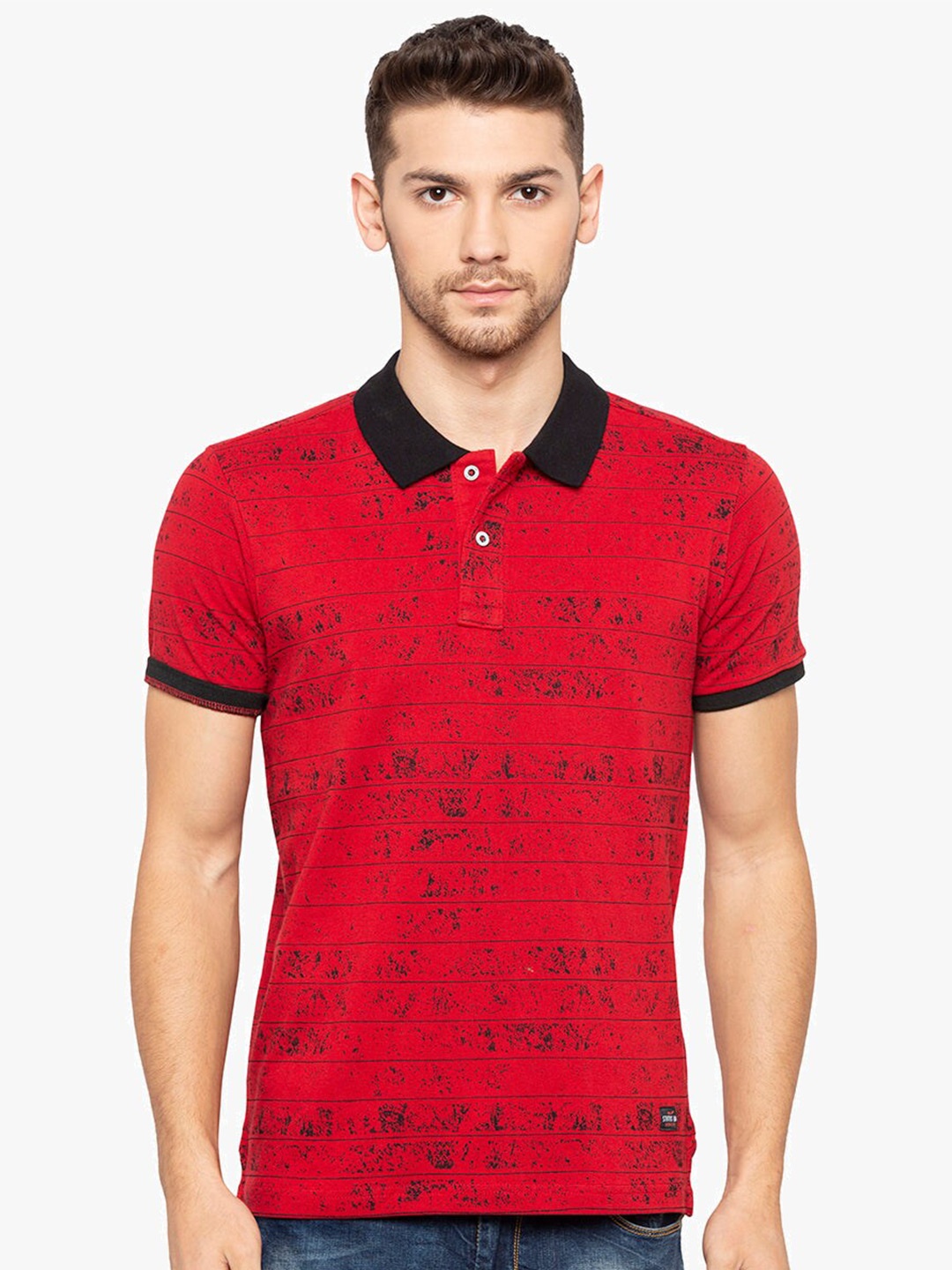 

Status Quo Abstract Printed Polo Collar Pure Cotton T-shirt, Red
