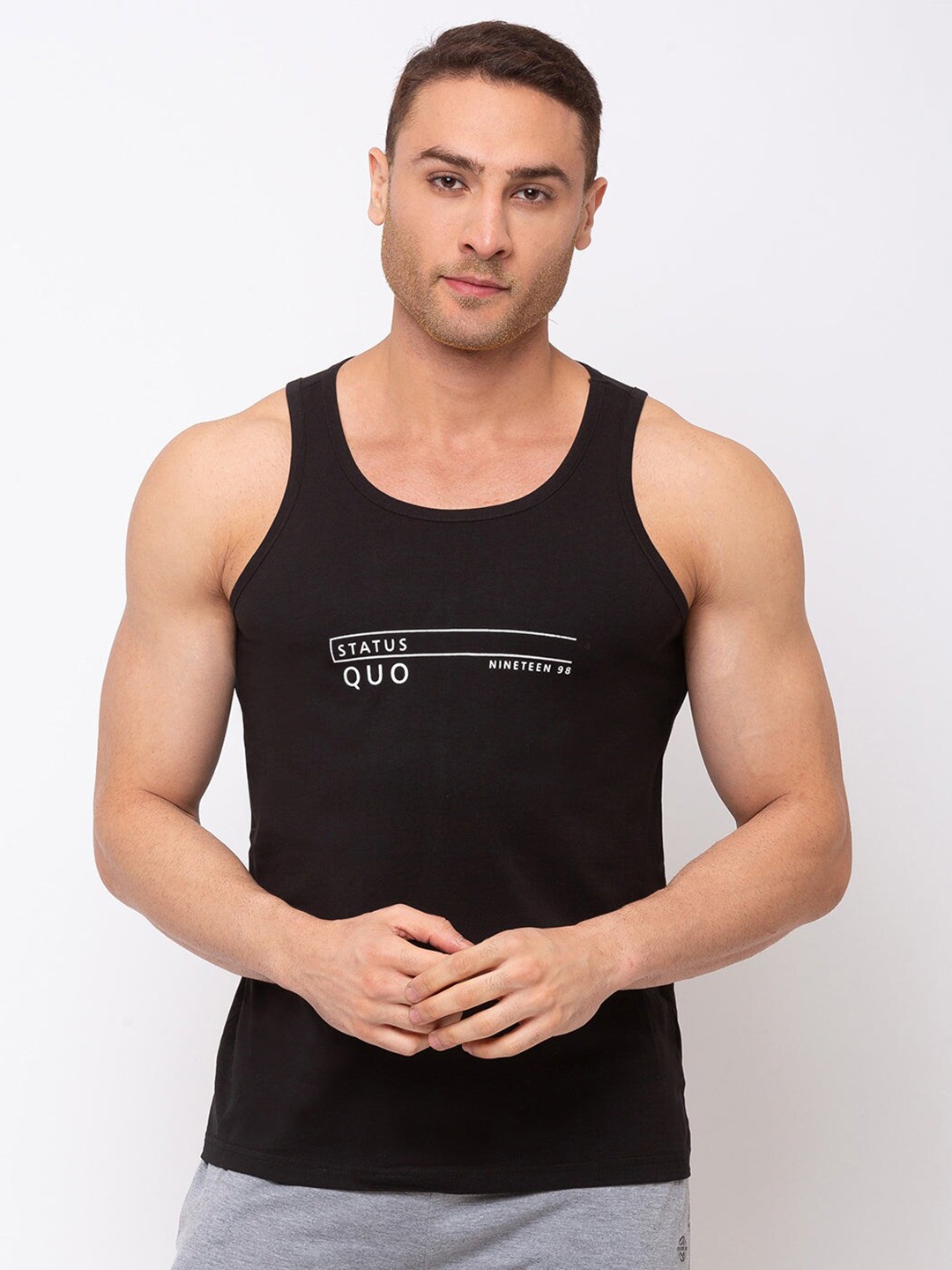 

Status Quo Men Typography Printed Round Neck Sleeveless Cotton Sports T-shirt, Black