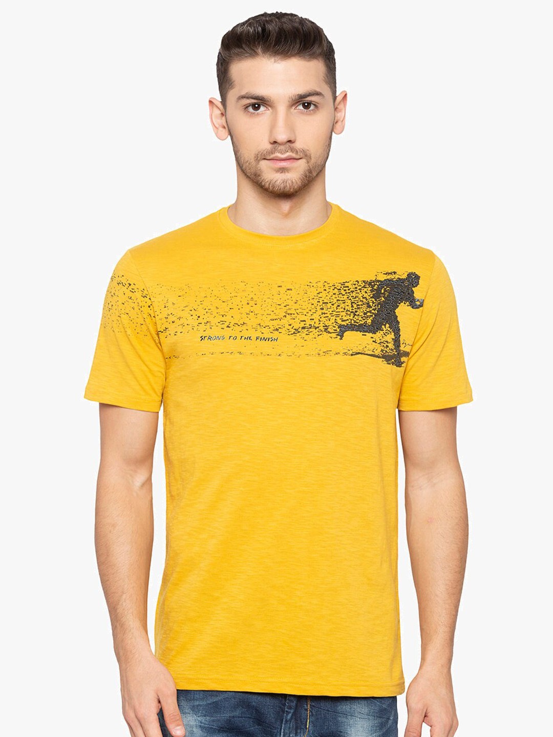 

Status Quo Graphic Printed Round Neck Short Sleeves Pure Cotton T-shirt, Mustard