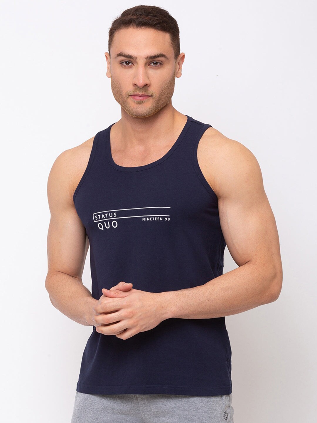 Status Quo Men Typography Printed Round Neck Sleeveless Cotton Sports T-shirt, Navy blue